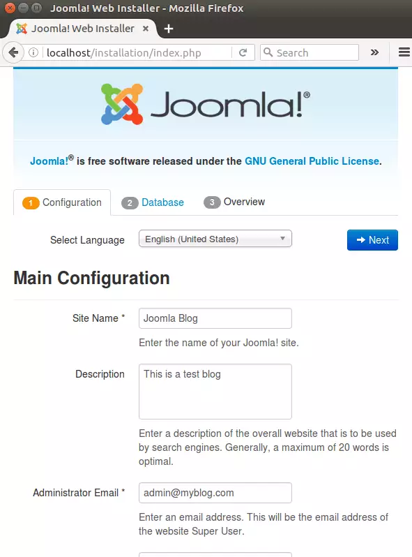 joomla ubuntu install page