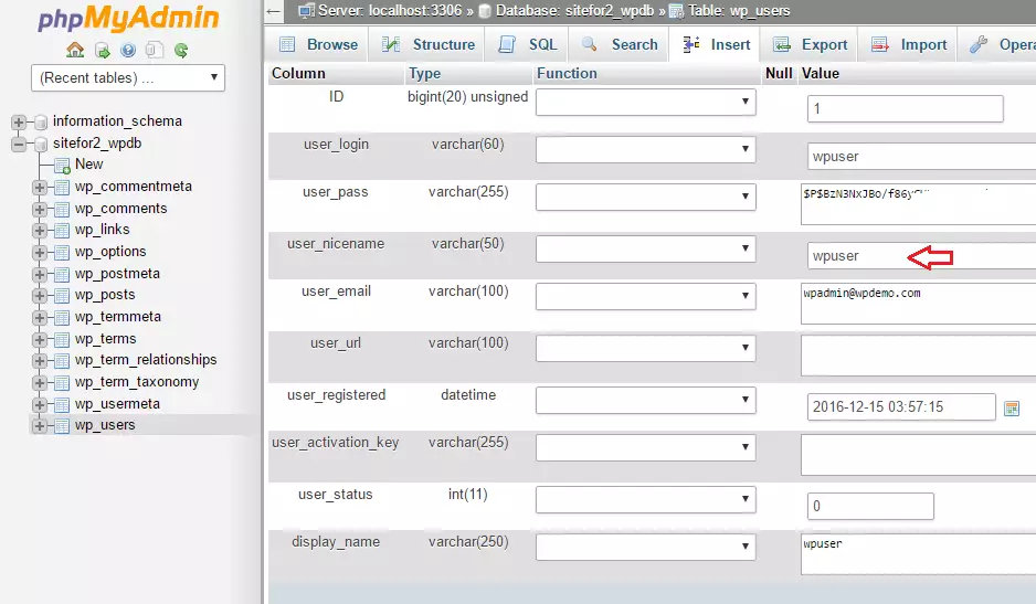 wordpress username phpmyadmin