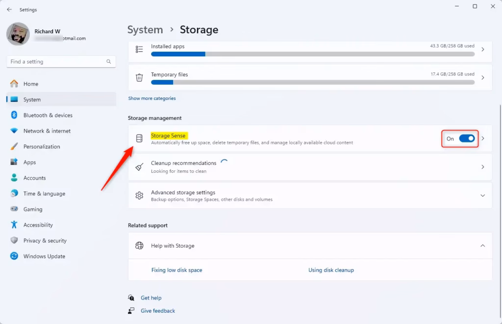 Windows 11 Storage on button