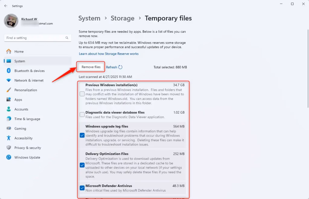 Windows 11 Storage temporary file remove button