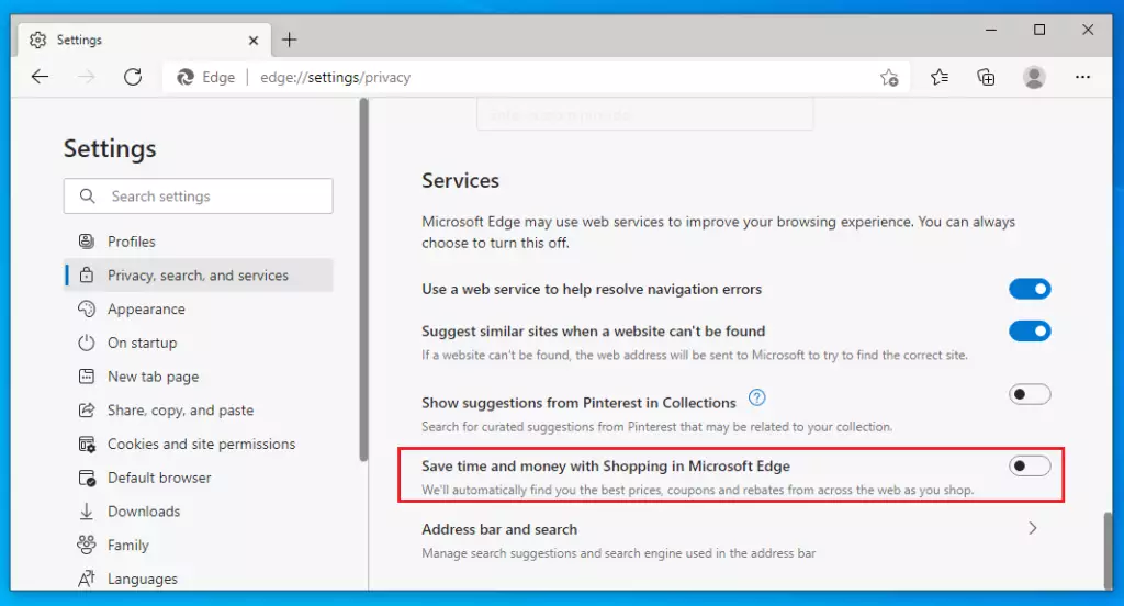 disable shopping in microsoft edge