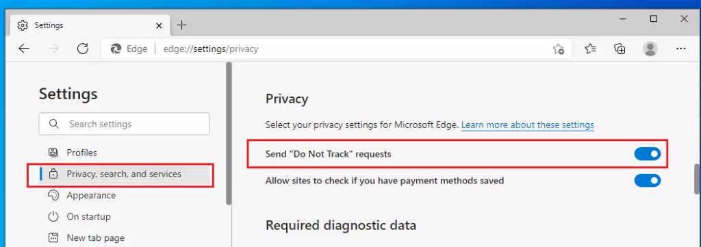 do not track in microsoft edge enabled