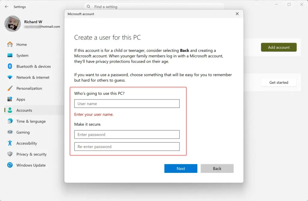 Entering details for a new local user account in Windows 11.