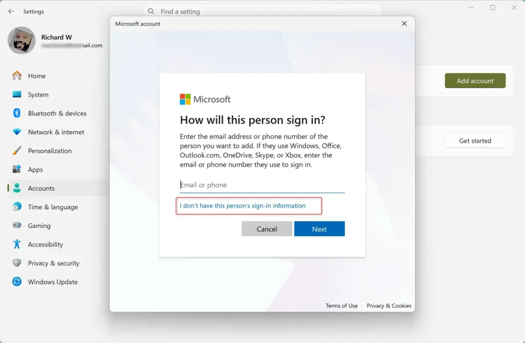 Adding a local user account in Windows 11 settings.