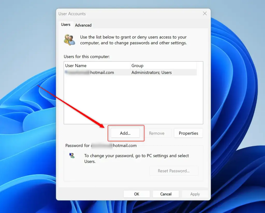Add user button in Windows 11 settings, old style.