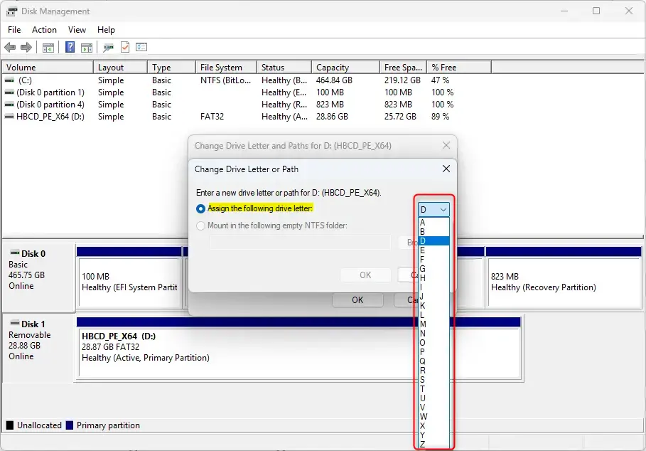 Assign the following drive letter dialog box in Windows 11.
