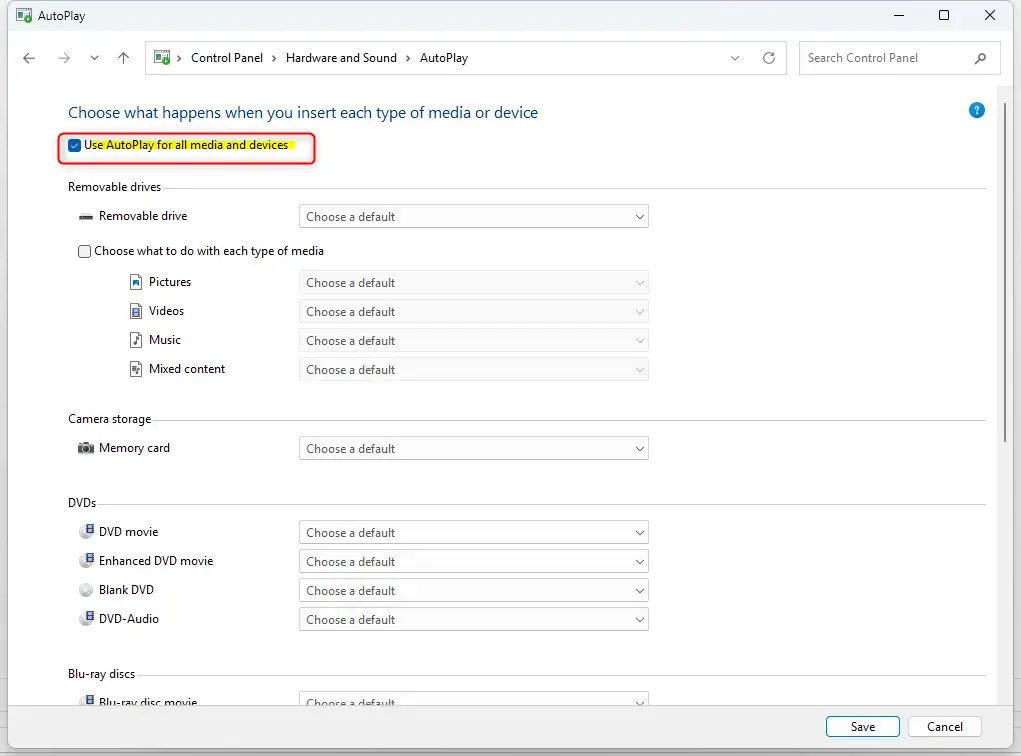 Control Panel AutoPlay settings for managing removable media behavior.