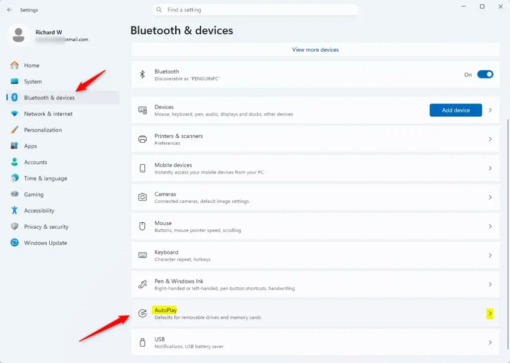 Windows 11 Settings app AutoPlay tile for managing device behavior.