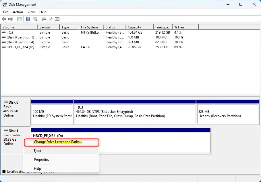Change drive letter and paths window in Windows 11 Disk Management.