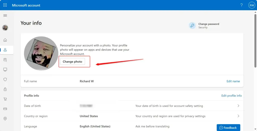 Change photo button in Windows 11 settings for Microsoft account.