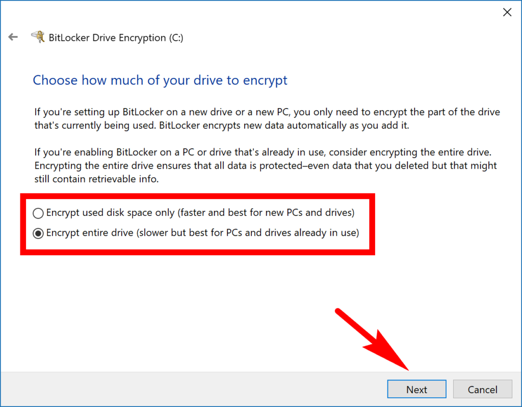 Choose how much of your drive to encrypt with BitLocker