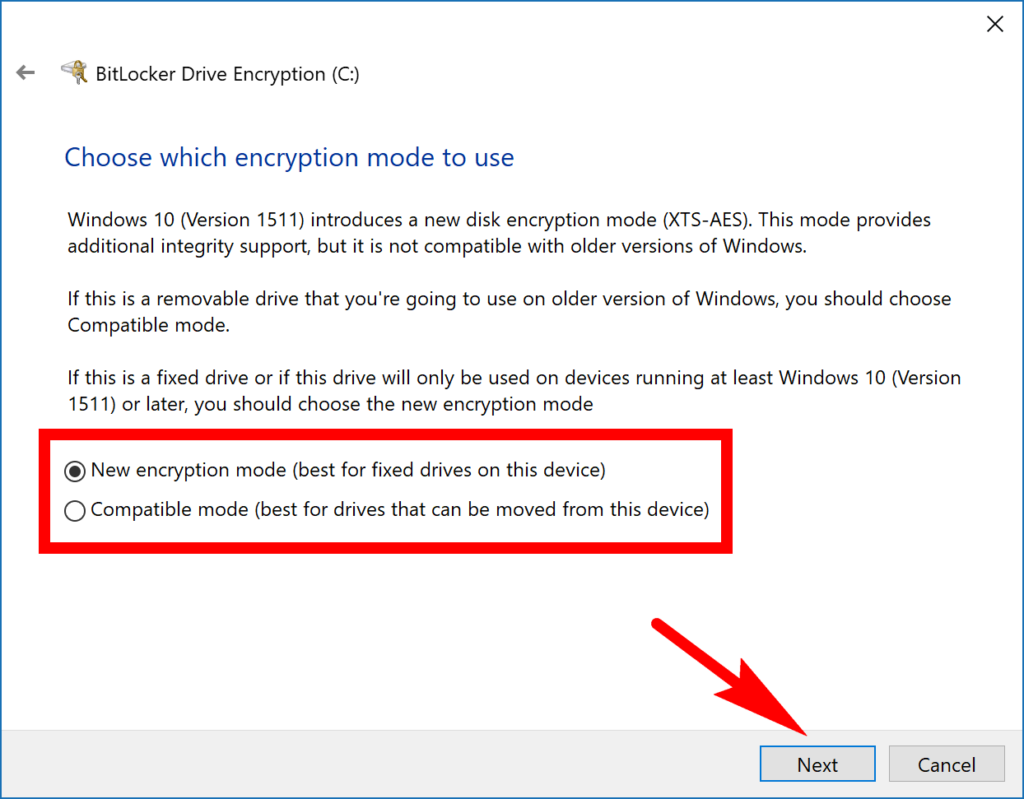 Choose BitLocker encryption mode for removable data drive