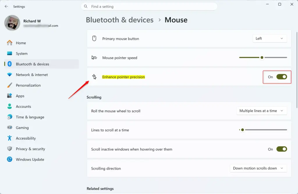 Windows 11 Settings showing Enhance pointer precision toggle.
