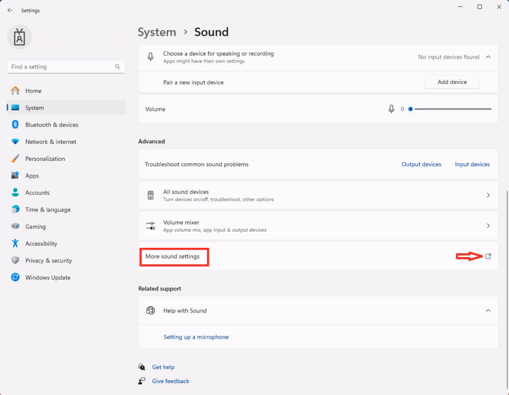 More sound settings link
