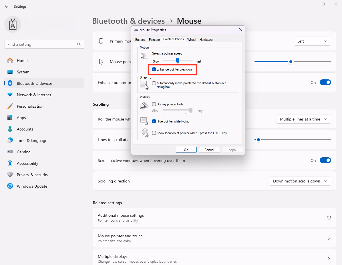 Mouse additional settings options