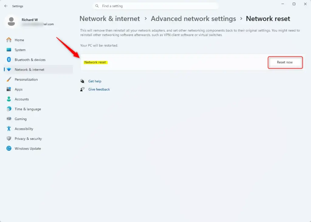 Click the 'Network reset' button in Windows 11 Settings.