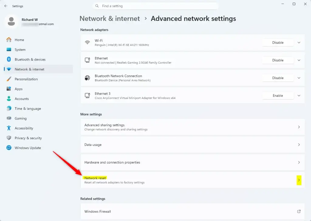 Windows 11 network reset tile in Settings app.