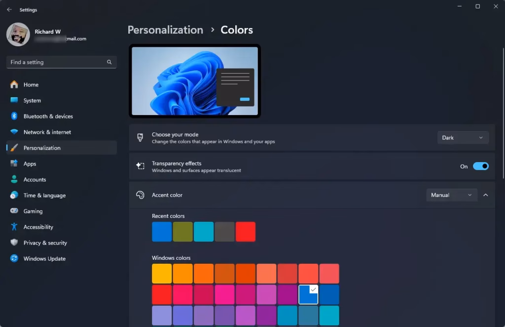 Personalization Colors Dark mode selected