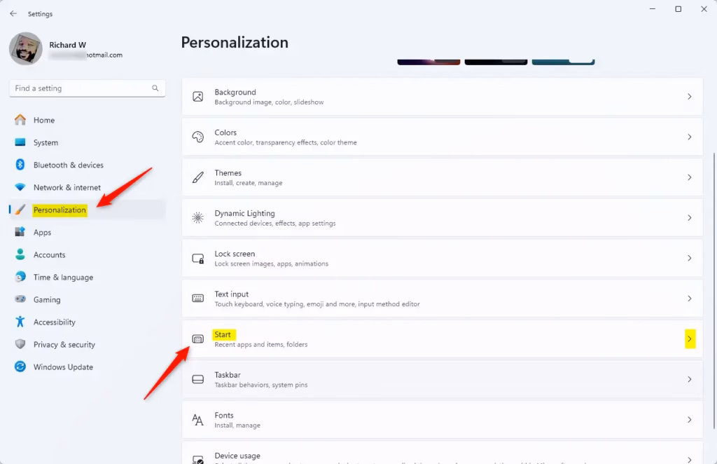 Personalization Start tile