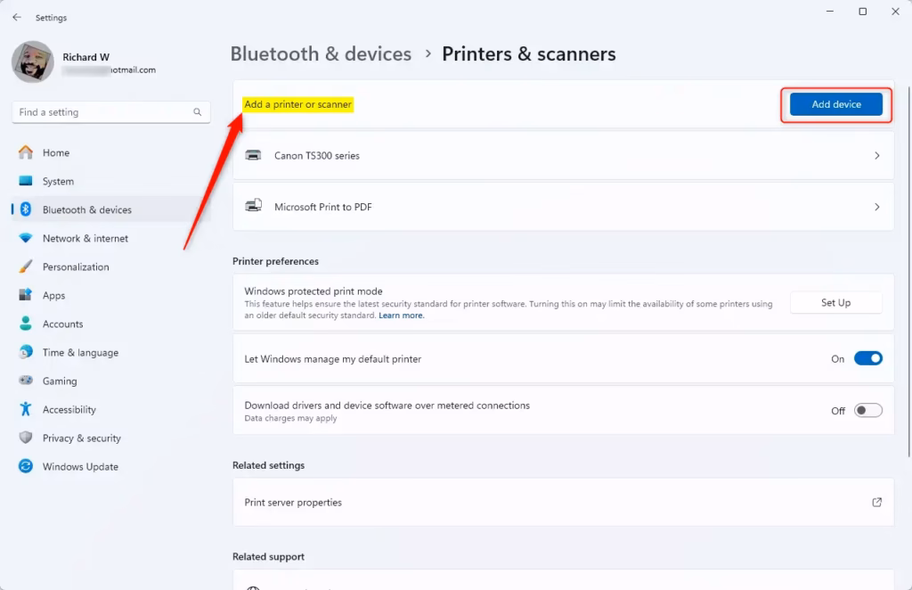 Printers and scanners add button