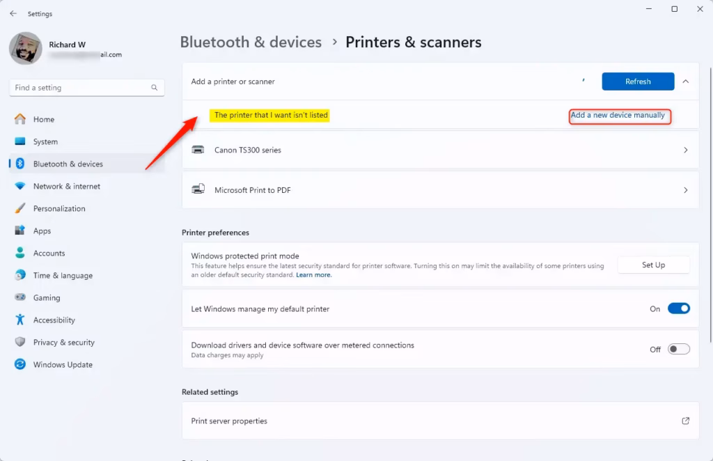 Printers and scanners add manually