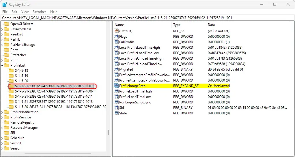 Registry editor showing Windows user profile folder path for renaming.