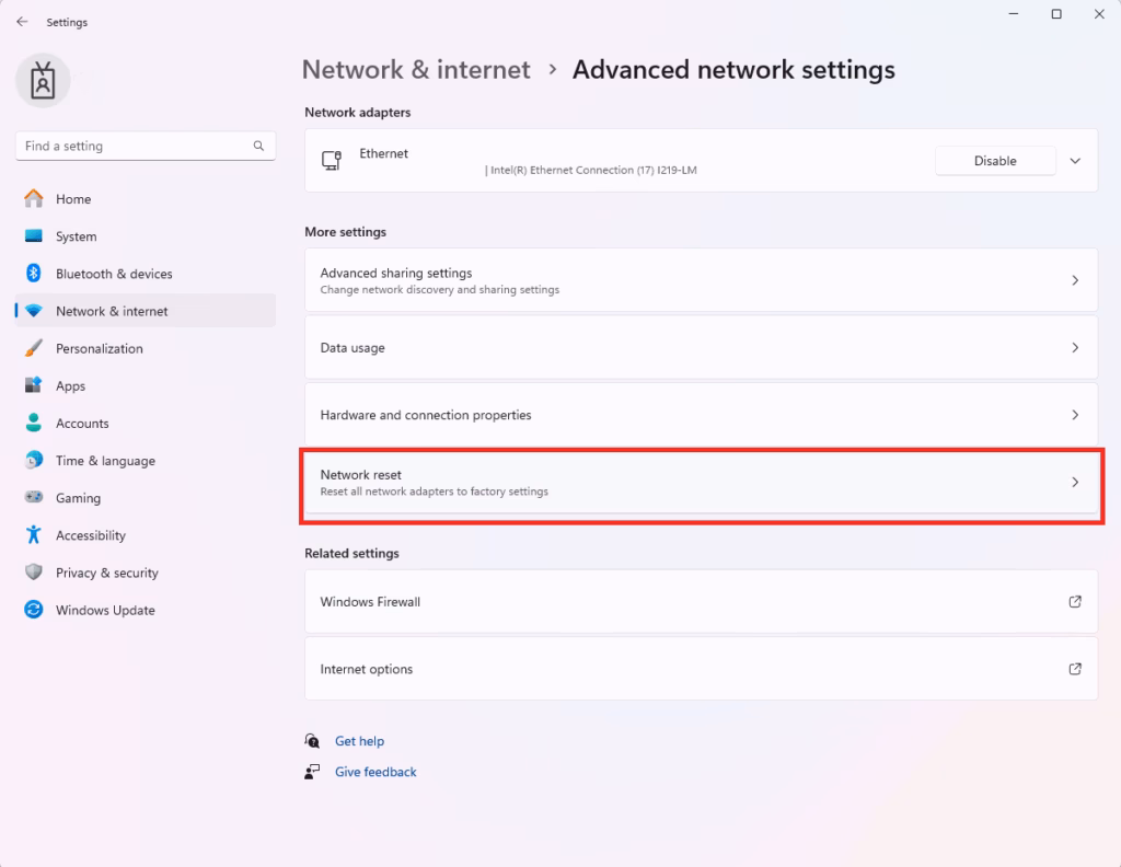 Reset network adapter default