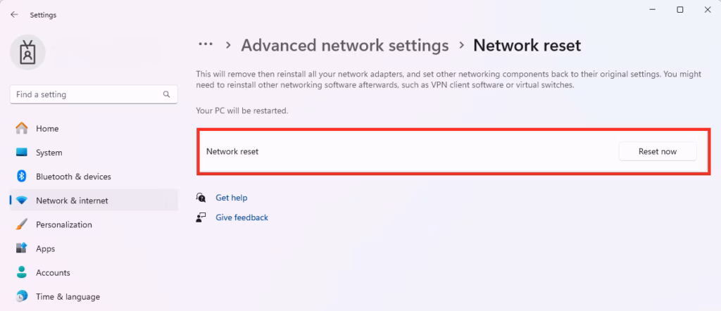 Reset network adapter default button
