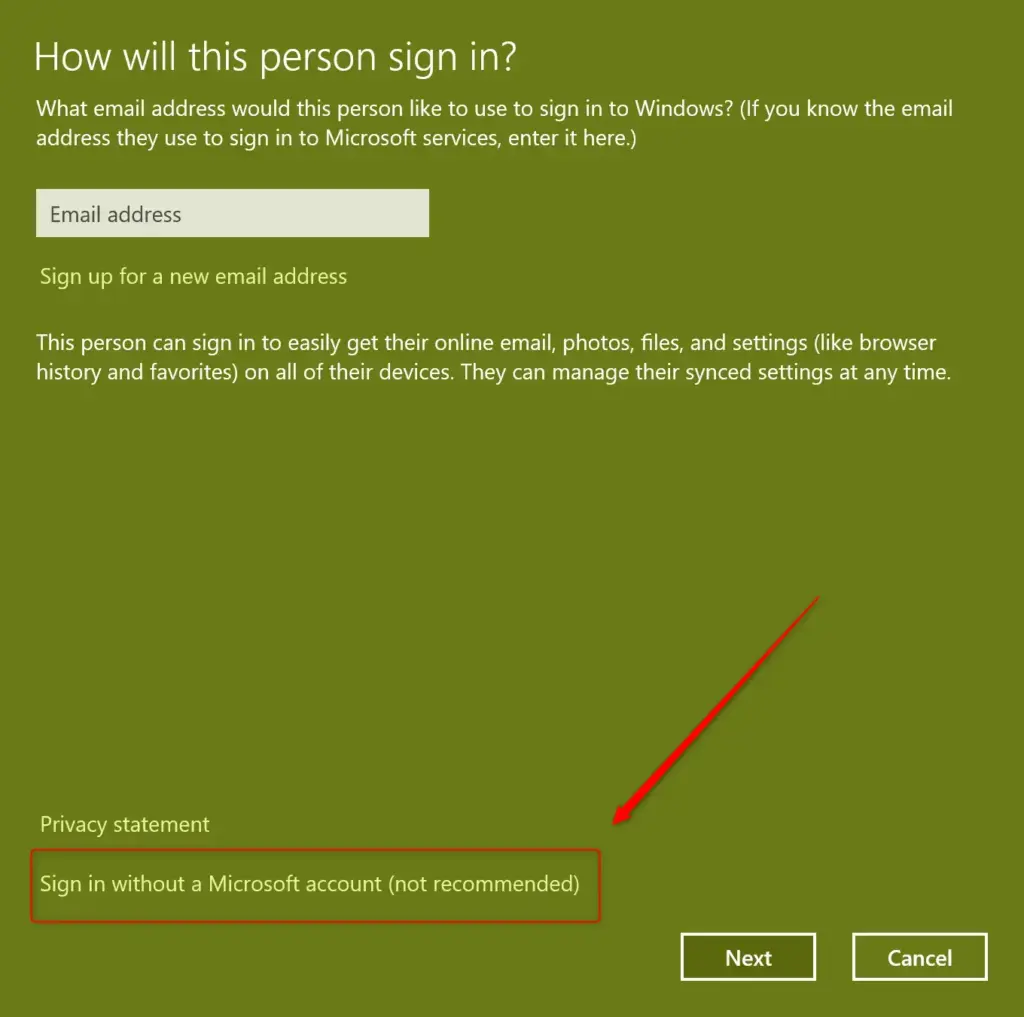 Signing in without a Microsoft account prompt in Windows 11.