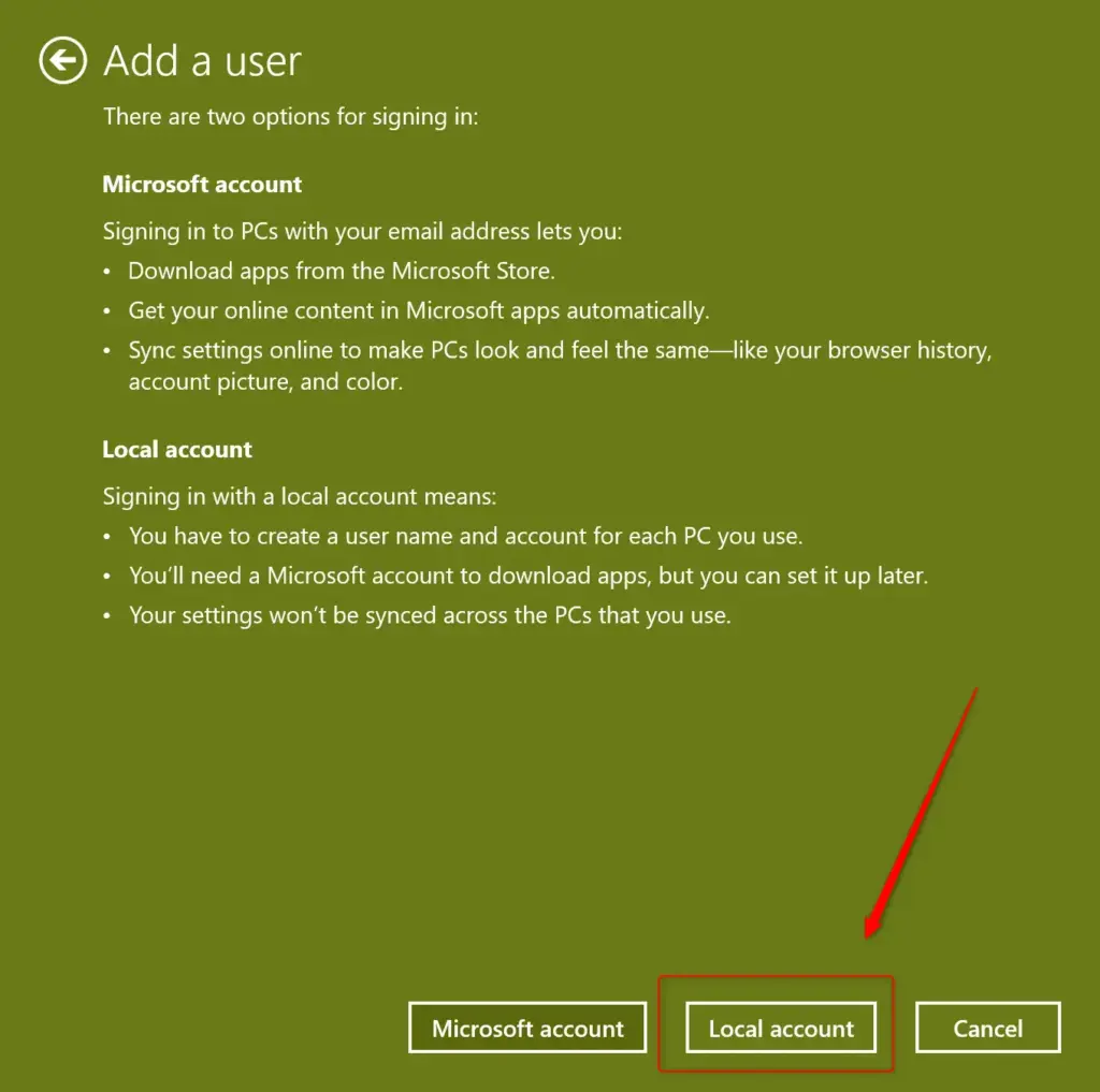 Creating a local account sign-in without a Microsoft account.