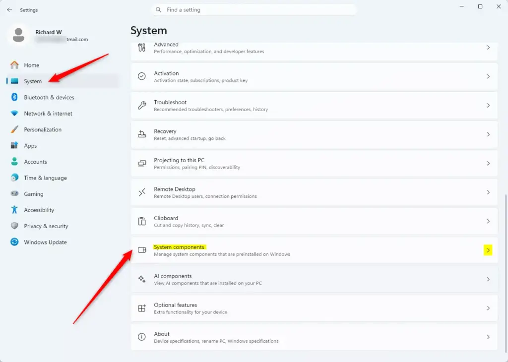 Windows 11 System Components settings page showing app list.
