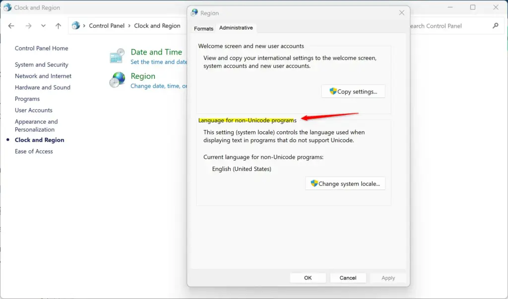 Windows 11 Control Panel Region settings for system locale.