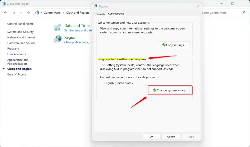Click 'Change system locale' button in Windows 11 Region settings.