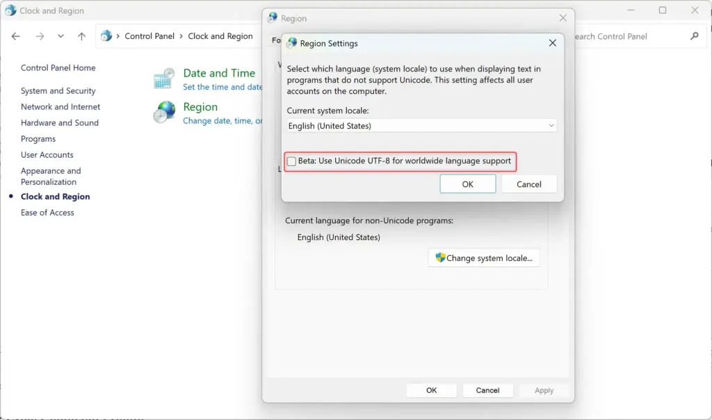 Windows 11 system locale settings for Unicode and non-Unicode programs.