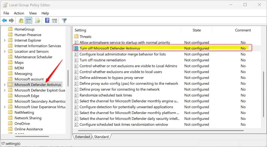 Local Group Policy Editor screen for disabling Microsoft Defender Antivirus.