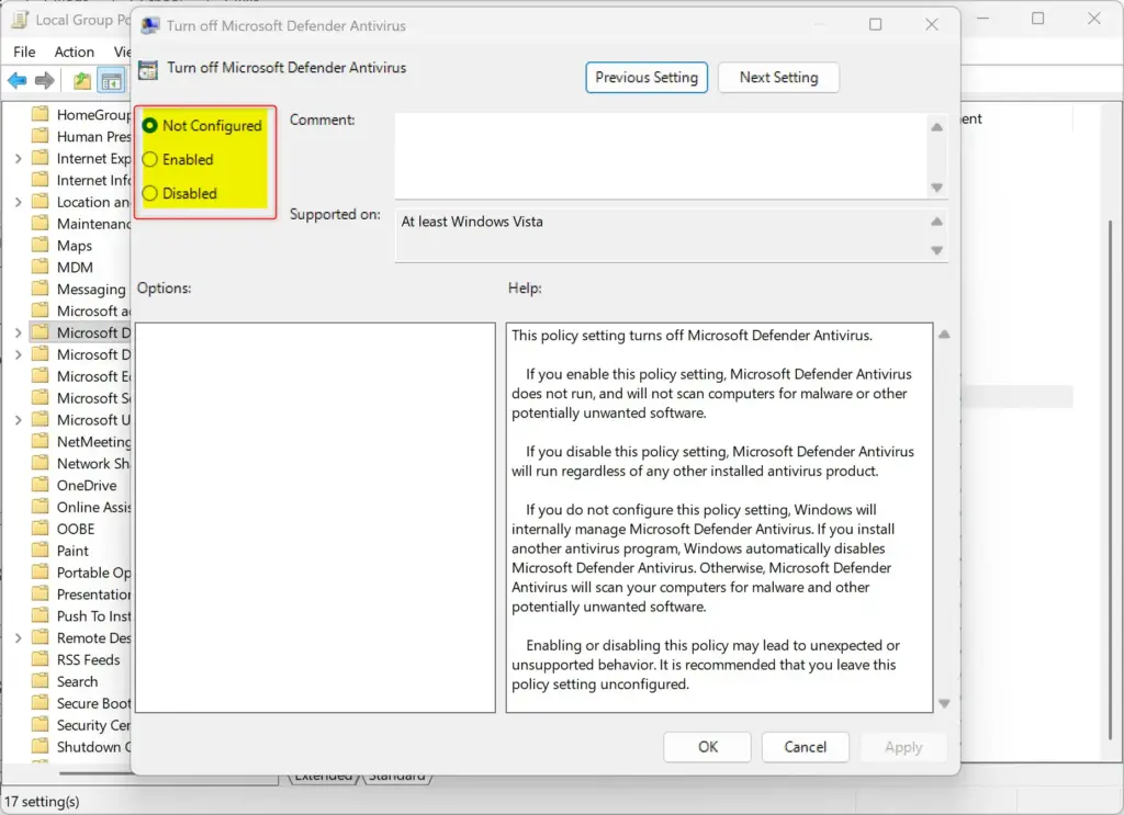 Group Policy Editor options to disable Microsoft Defender Antivirus in Windows 11.