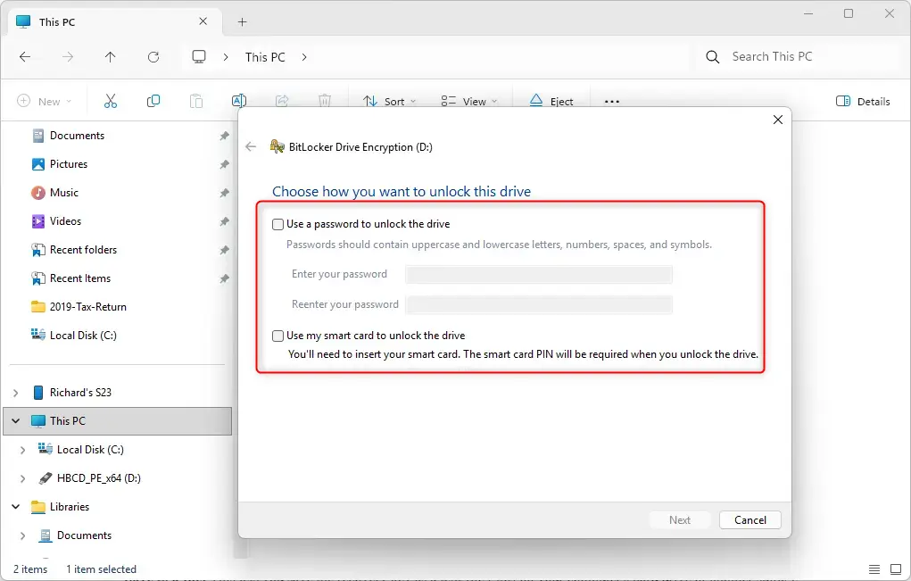 BitLocker unlock style for removable data drive encryption