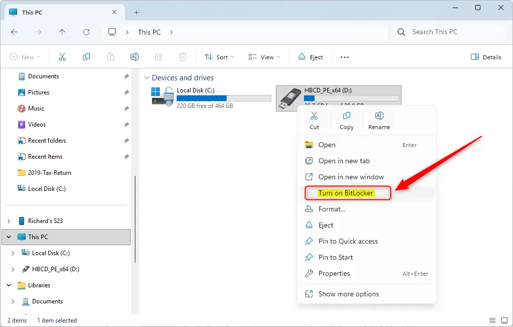 Turn on BitLocker for removable data drive in Windows 11