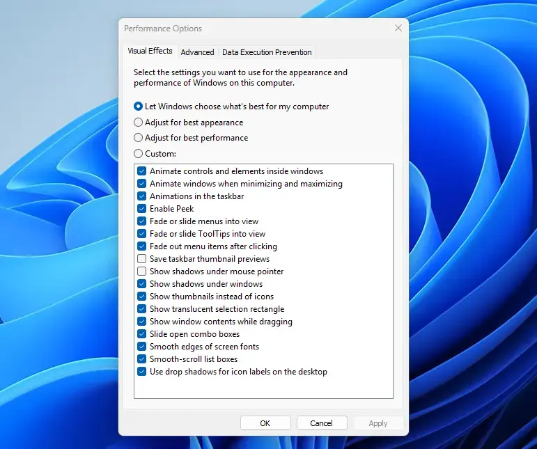 Windows 11 visual effects options for animations and transparency.