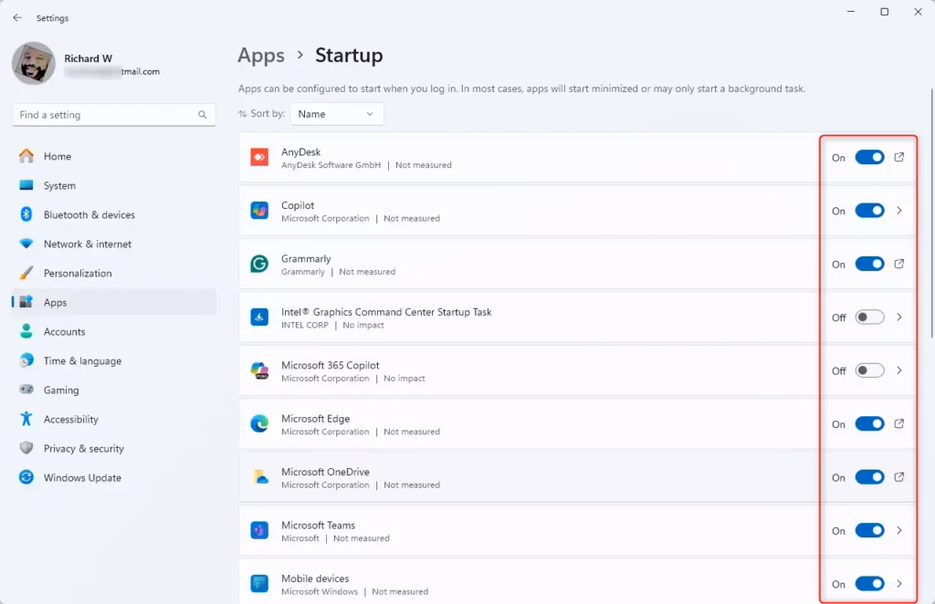 Windows 11 Apps Startup list