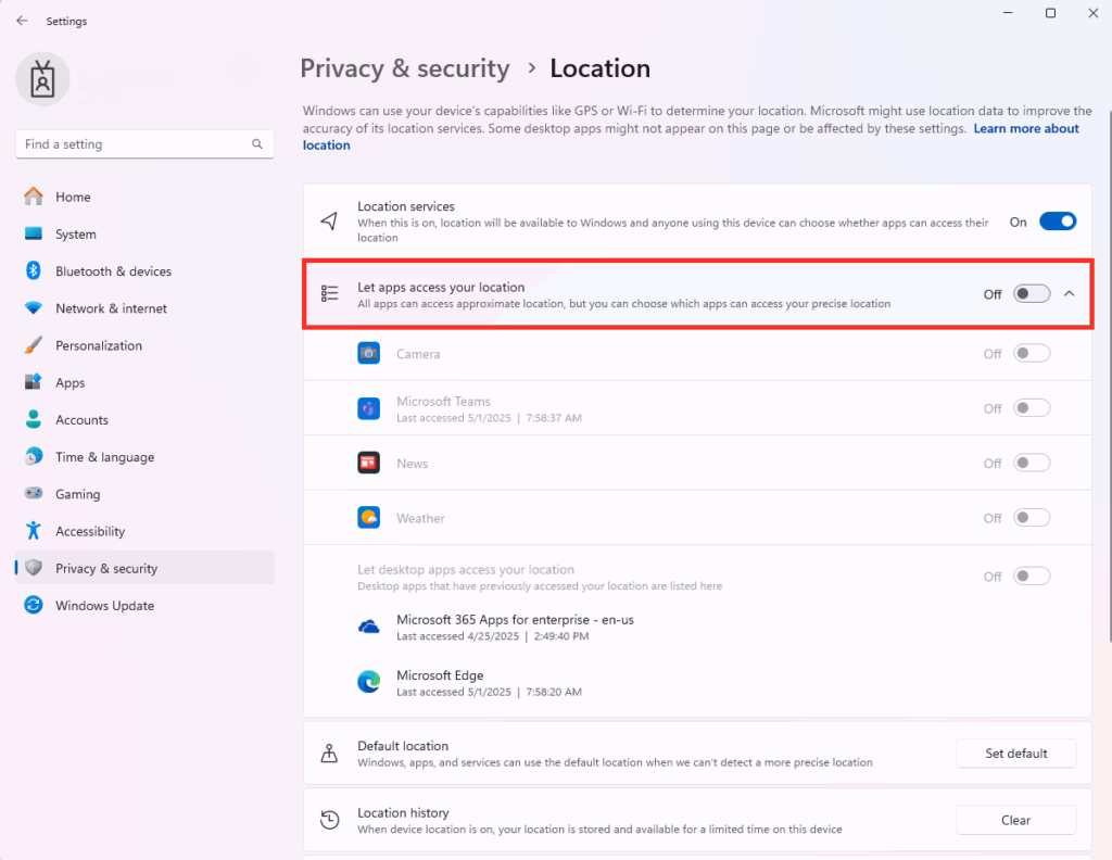 Windows 11 Location services turn off for apps