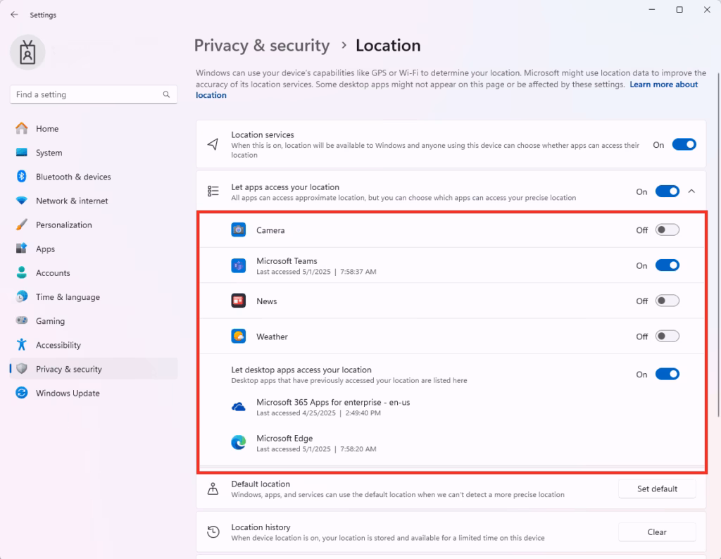 Windows 11 Location services turn off for individual app