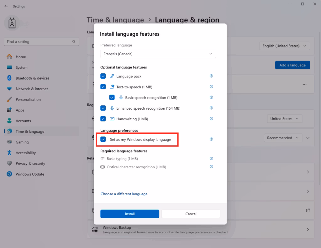 Windows 11 display language add default
