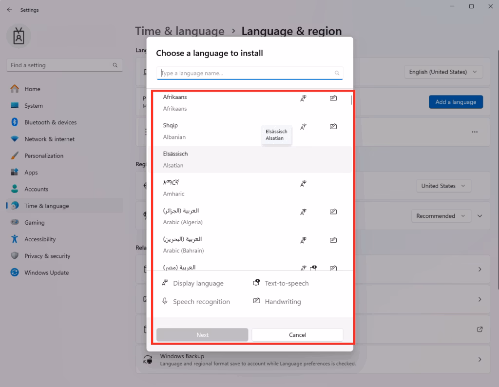 Windows 11 display language add list