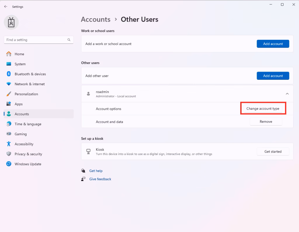 Windows Accounts change account type