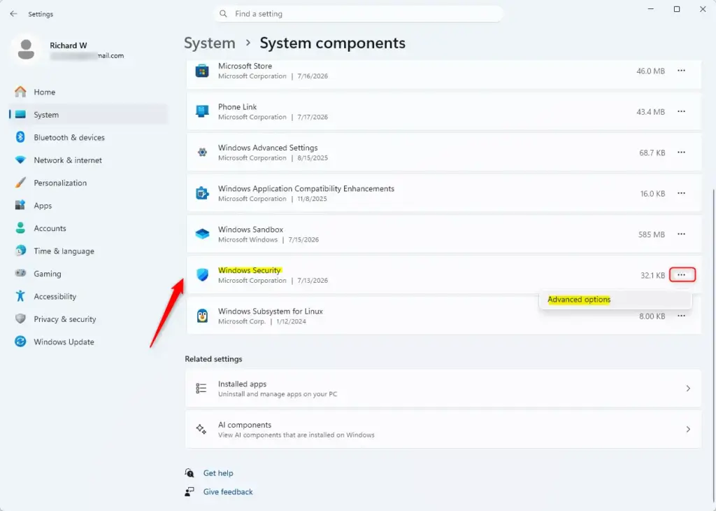 Windows Security app advanced options menu in Windows 11.