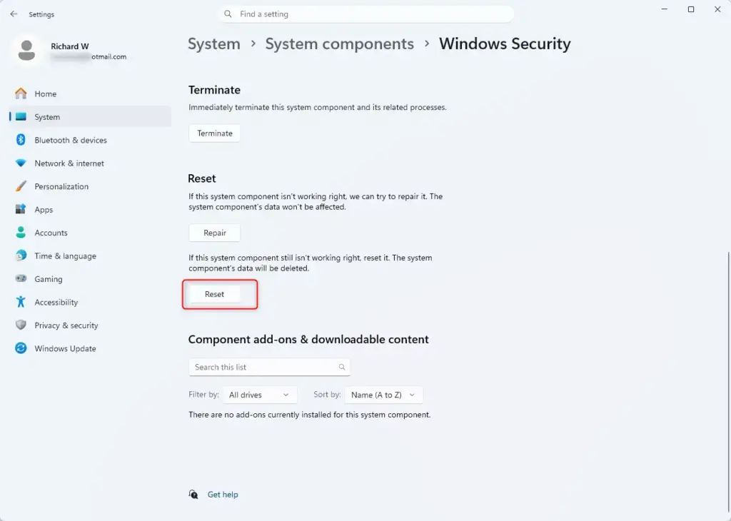 Windows Security app reset button on advanced options page.