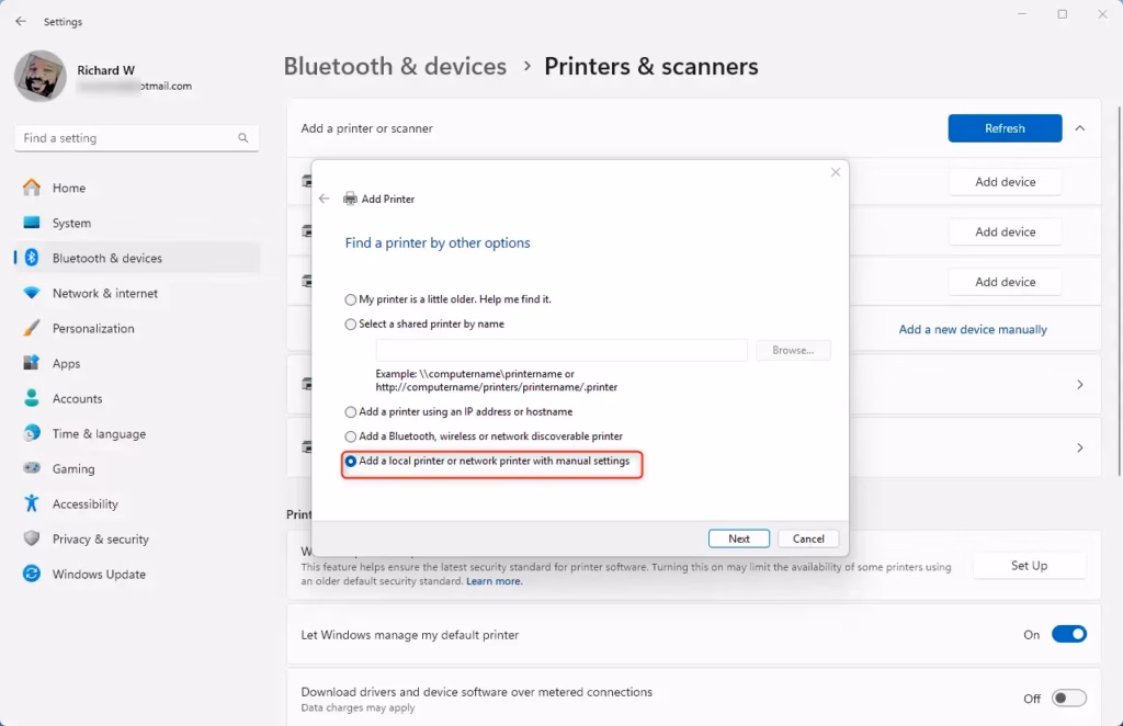 add a local or network printer