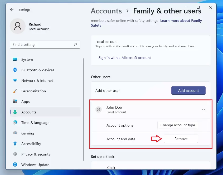 remove user account windows 11