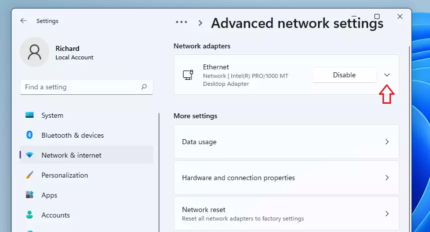windows 11 advanced network settings ethernet adapters